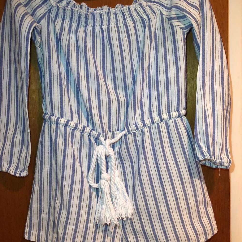 CJ Laing, Cotton, blue and white striped jumper/romper, with drawstring, Sz-S